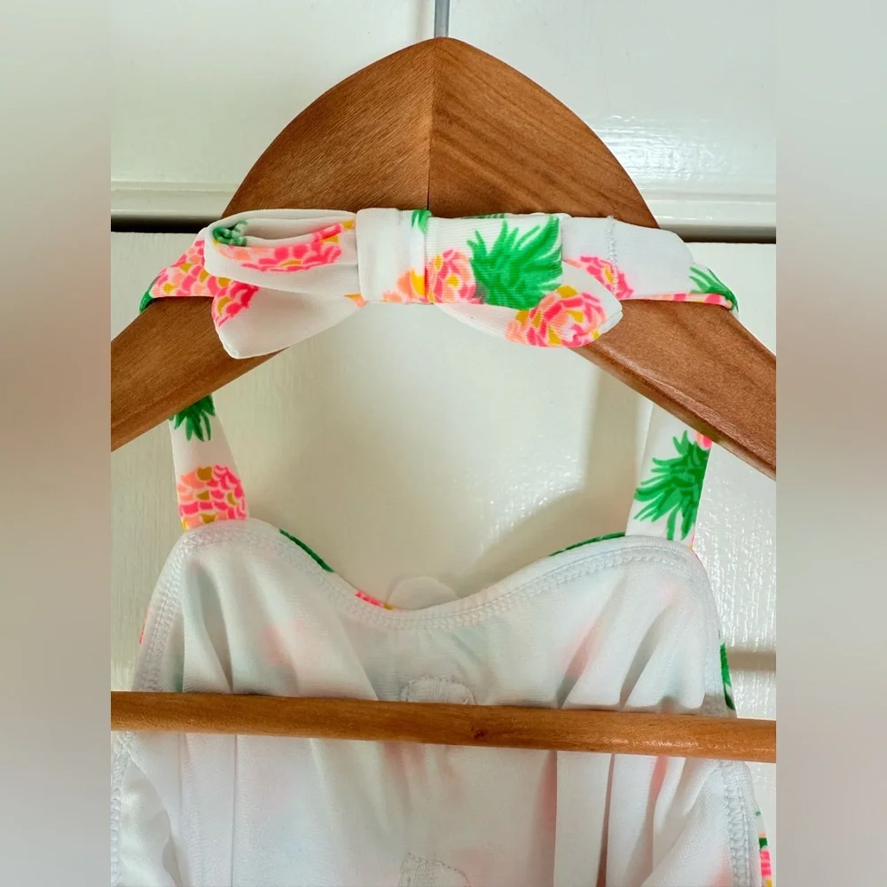 Janie and Jack Girls Pineapple One Piece Swimsuit 3D Blooms Neon Pink White